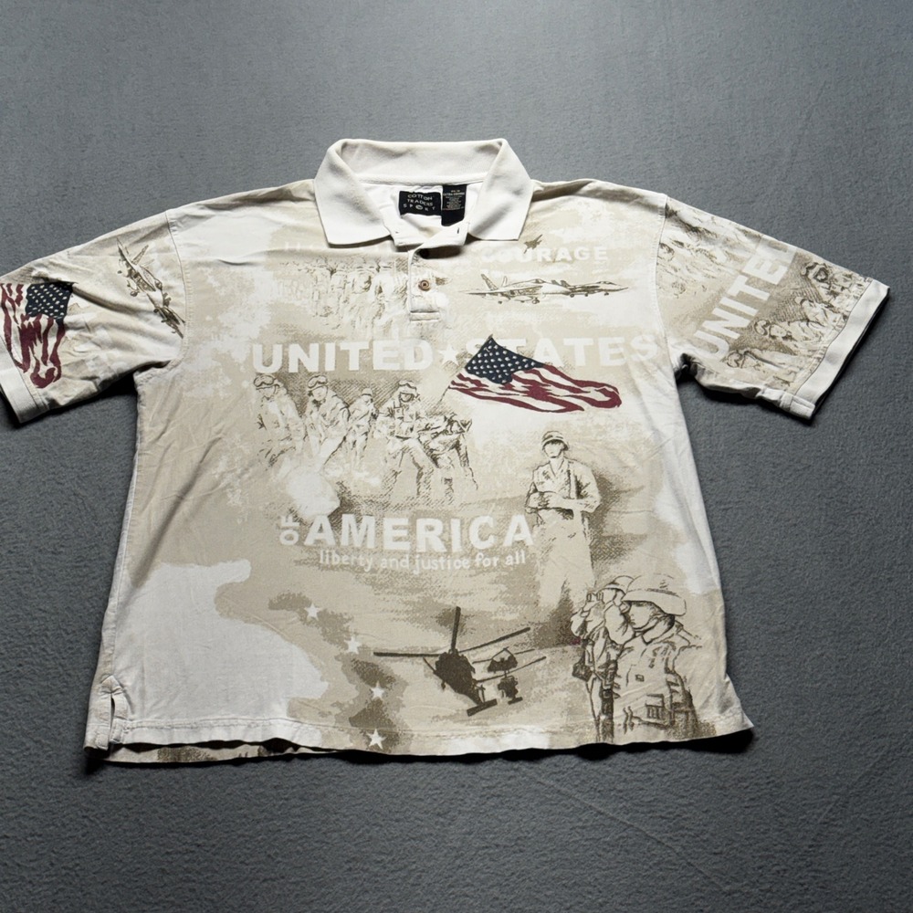 Cotton Traders Sport Military Polo Shirt Mens XL Tan USA Graphic All Over Print